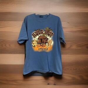 Hula Hut Little Elm Souvenir Large T-Shirt Blue Distressed Graphic Tee DS Weird